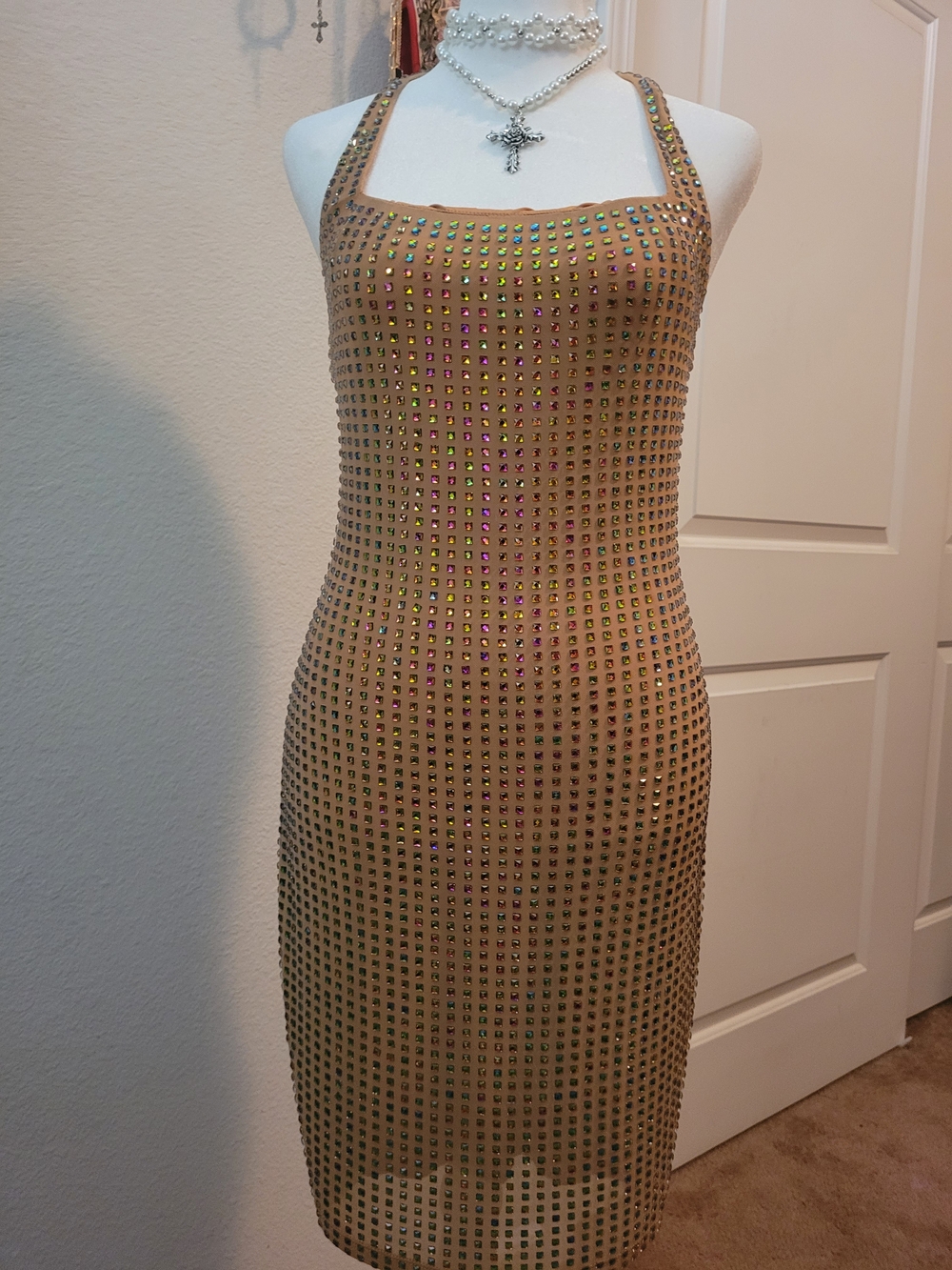 Fashion Nova Tan Bodycon Dress with Iridescent Studs